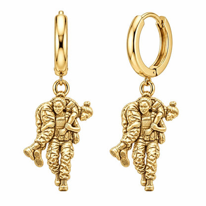 Soldier's Lifeline Huggie Charm Earrings – 18K gold, front view
