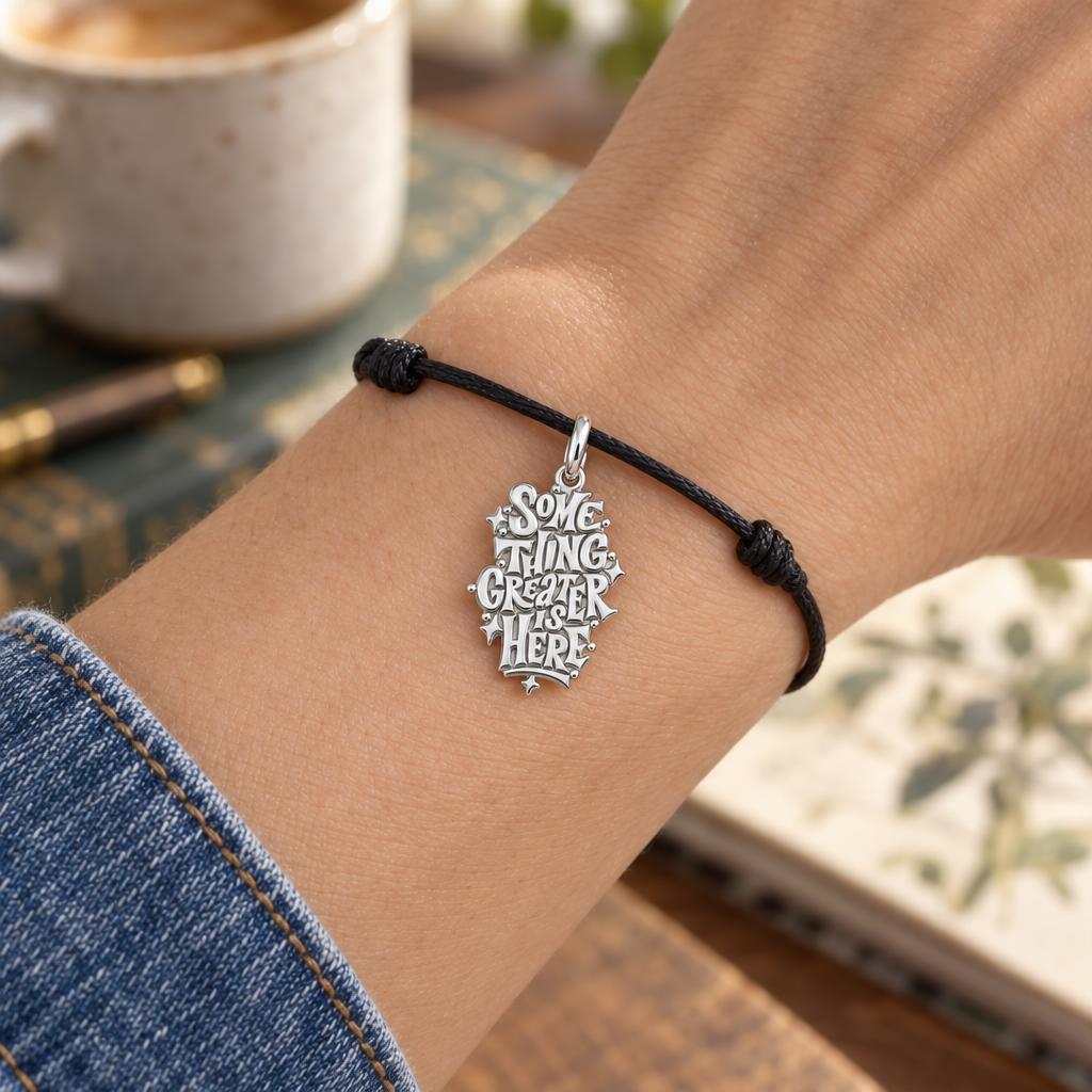 Something Greater Is Here Charm Bracelet – Personalized Mom Gift – worn on the wrist on a black cord bracelet