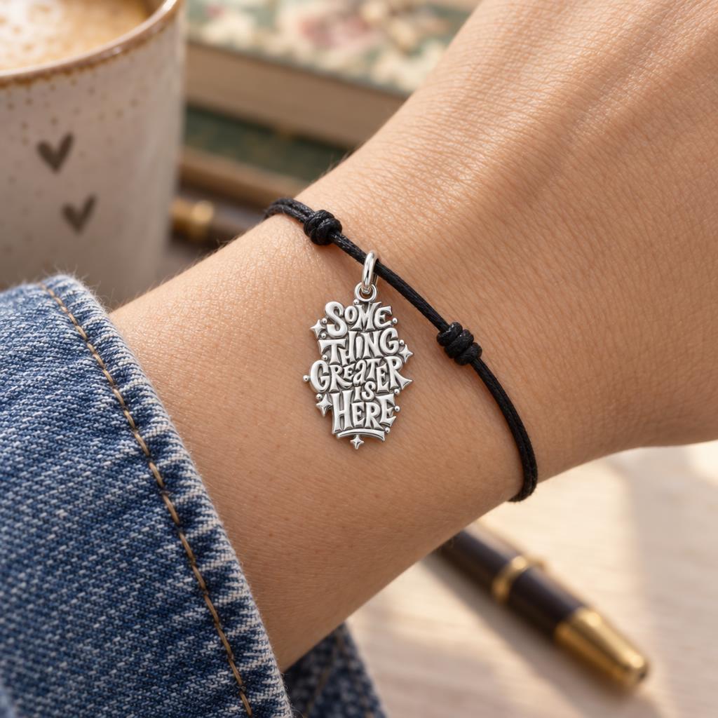 Something Greater Is Here Charm Bracelet – Personalized Mom Gift – worn on the wrist on a black cord bracelet