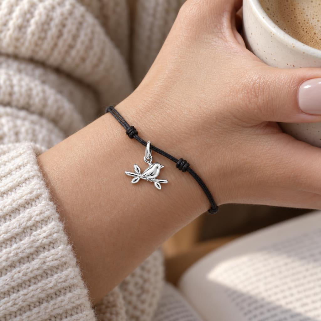 Songbird on a Branch Charm and Polyester Cord Bracelet Set
