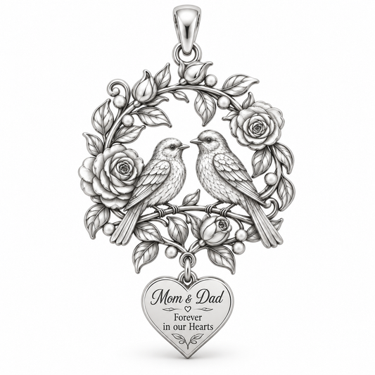 Songbirds in Rose Wreath Charm Bracelet – Personalized Mom Gift – silver plated 3 cm charm, front view