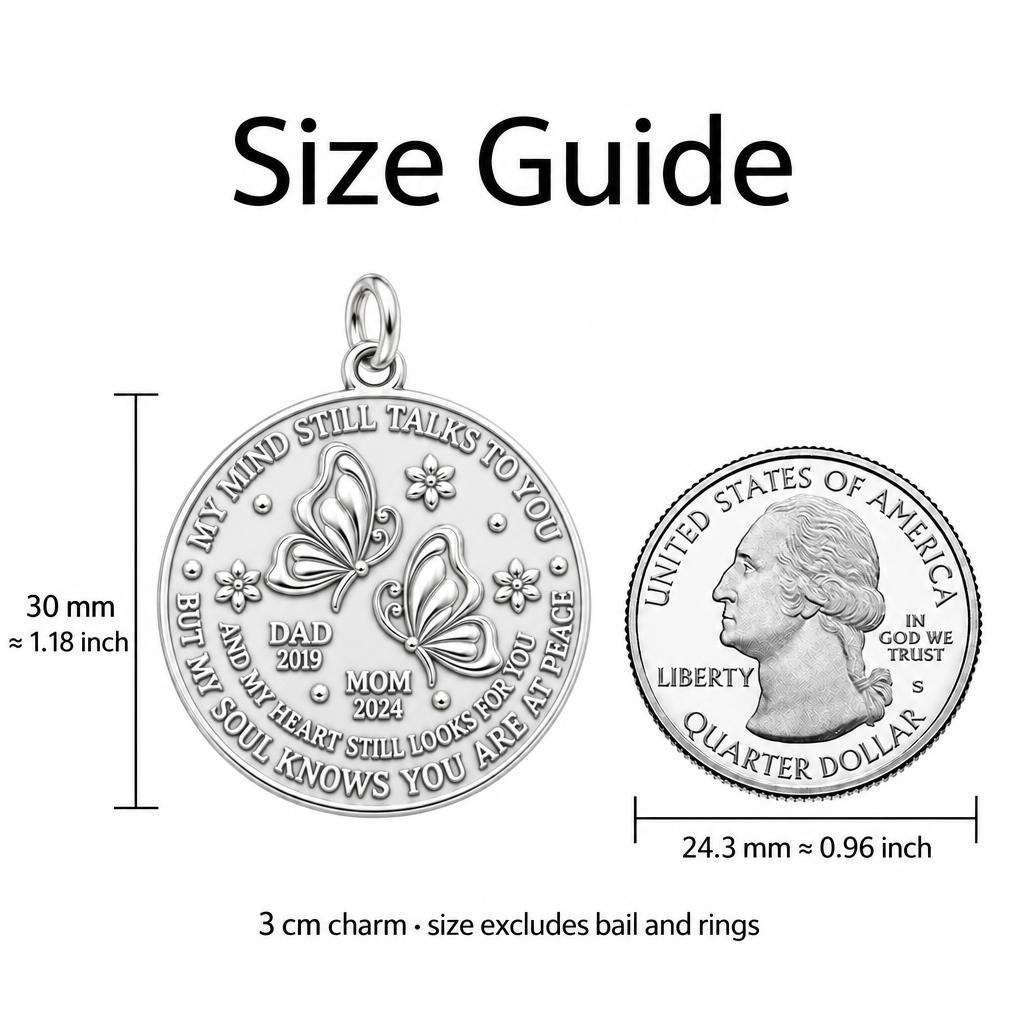 Soul at Peace Butterfly Charm Bracelet – Personalized Memorial Gift – size guide, 3 cm charm next to a quarter
