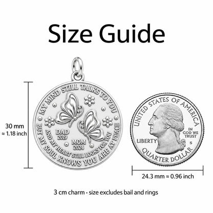 Soul at Peace Butterfly Charm Bracelet – Personalized Memorial Gift – size guide, 3 cm charm next to a quarter