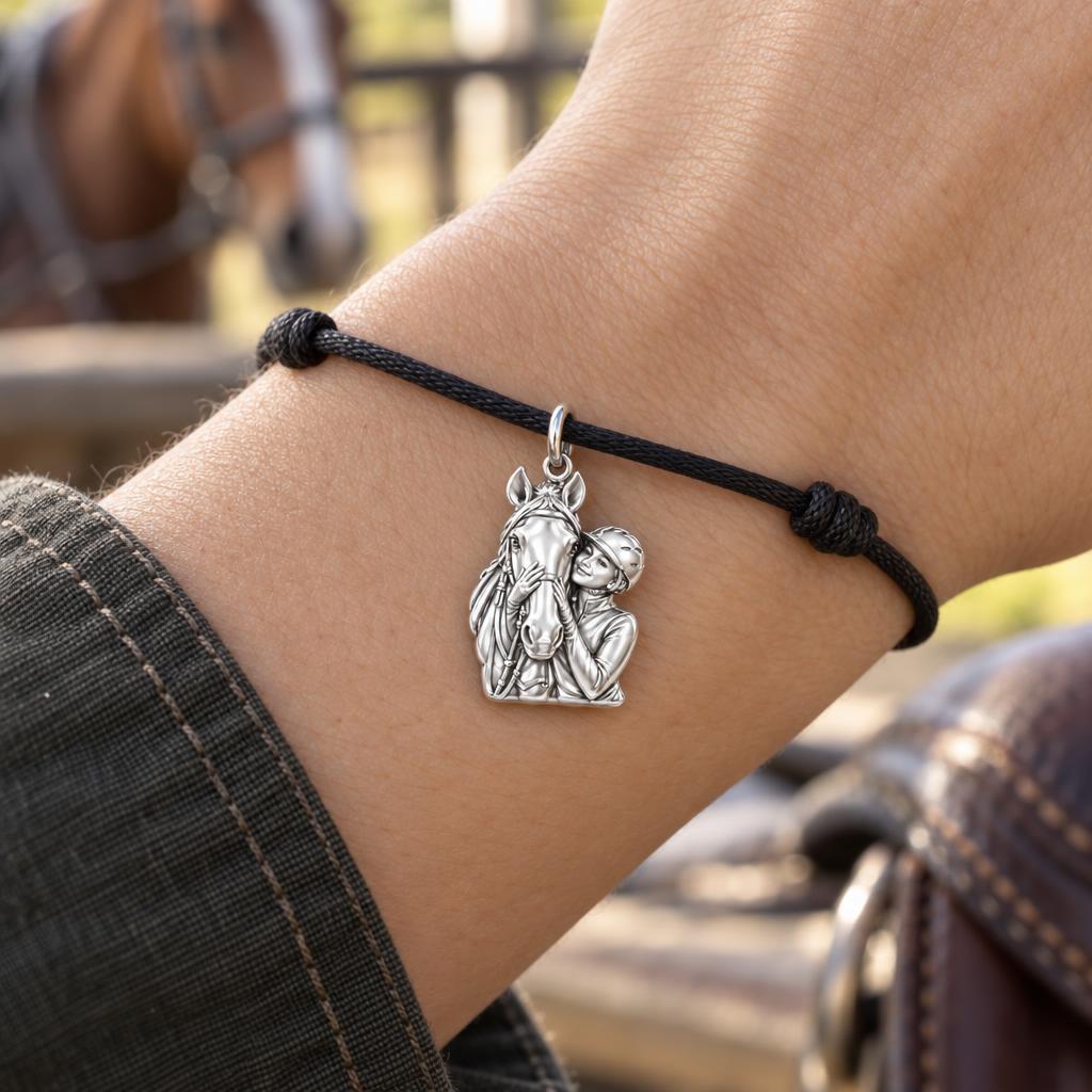 Soul Bond Equestrian Charm Bracelet – Personalized Horse Lover Gift – worn on the wrist on a black cord bracelet