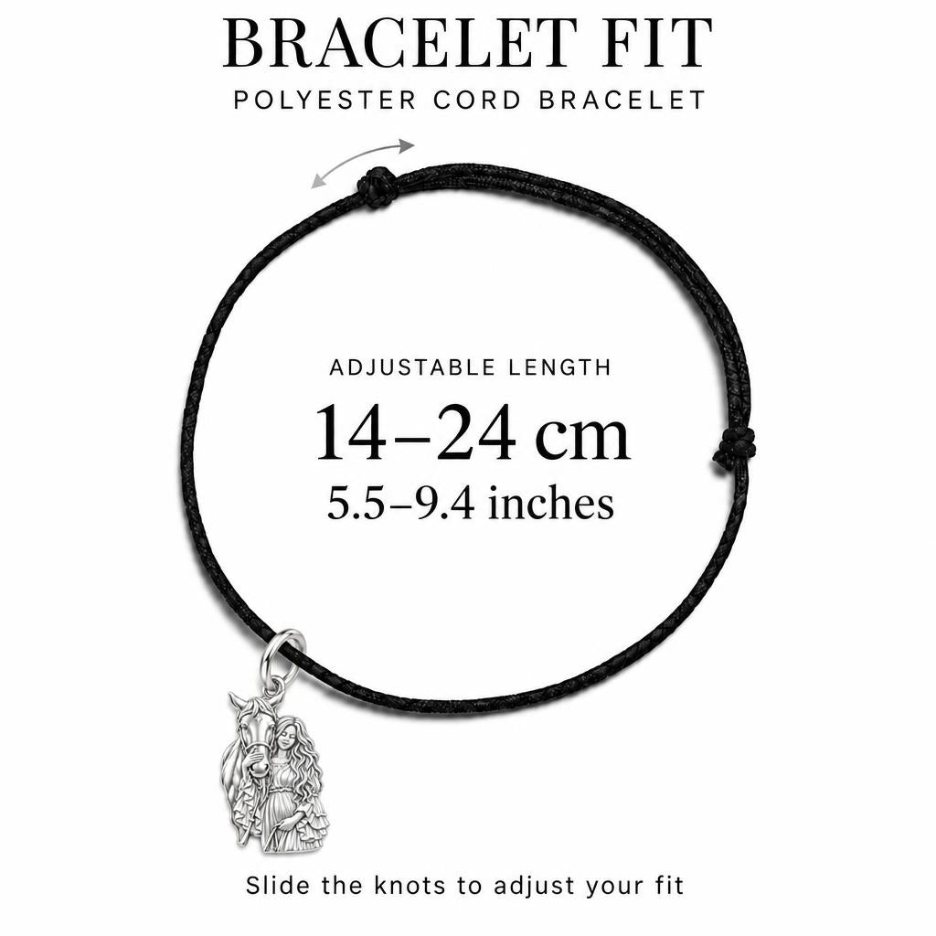 Soul Bond Horse and Rider Charm Bracelet – Personalized Gift – adjustable black cord bracelet, 14–24 cm
