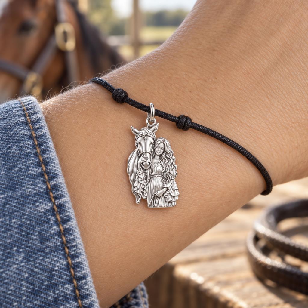 Soul Bond Horse and Rider Charm Bracelet – Personalized Gift – worn on the wrist on a black cord bracelet