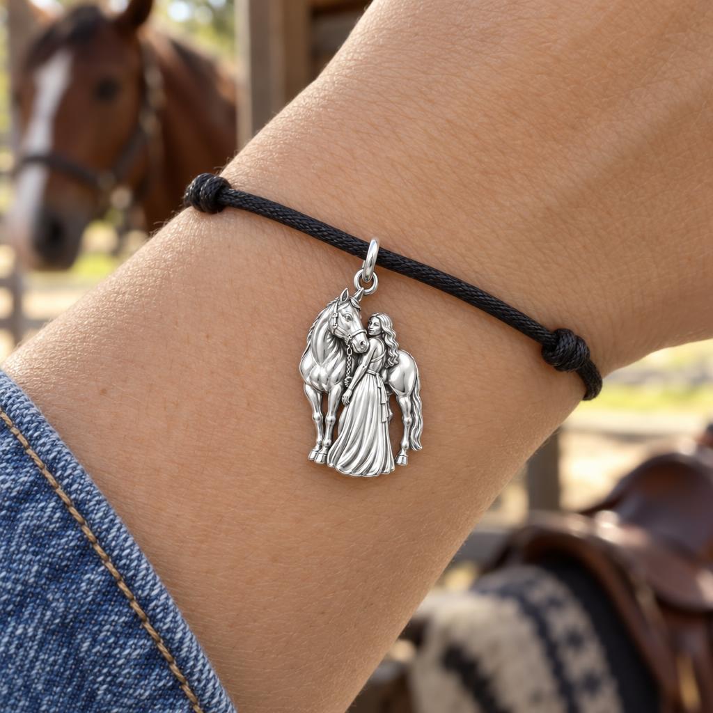 Soul Bond Horse and Rider Charm Bracelet – Personalized Horse Lover – worn on the wrist on a black cord bracelet