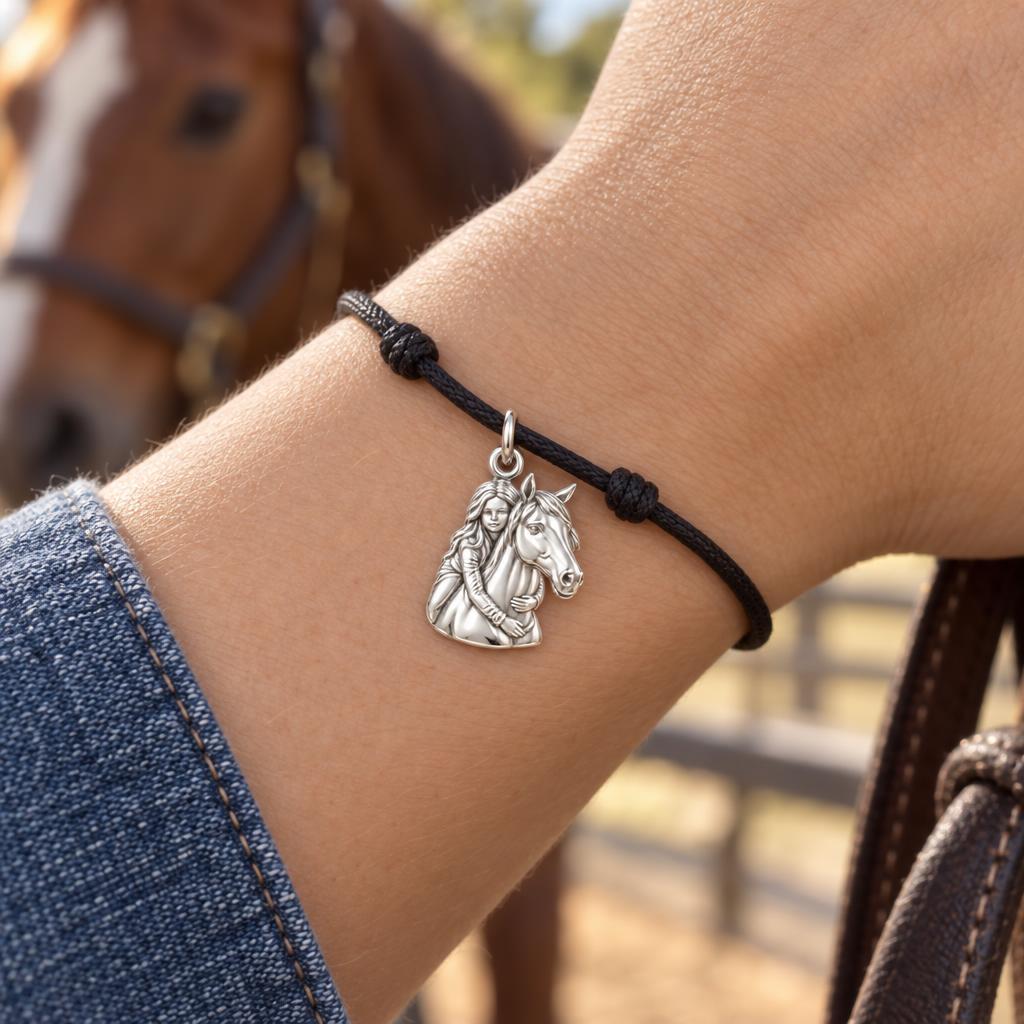 Soul Bond Horse Hug Charm Bracelet – Personalized Horse Mom Gift – worn on the wrist on a black cord bracelet