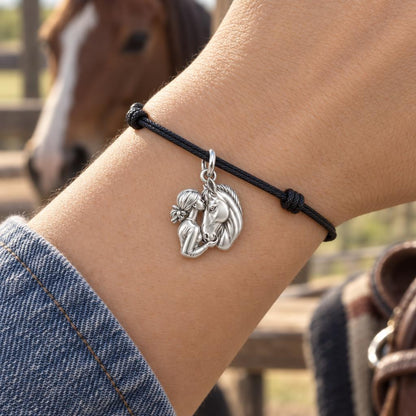 Soul Bond Horse Kiss Charm Bracelet – Personalized Horse Mom Gift – worn on the wrist on a black cord bracelet