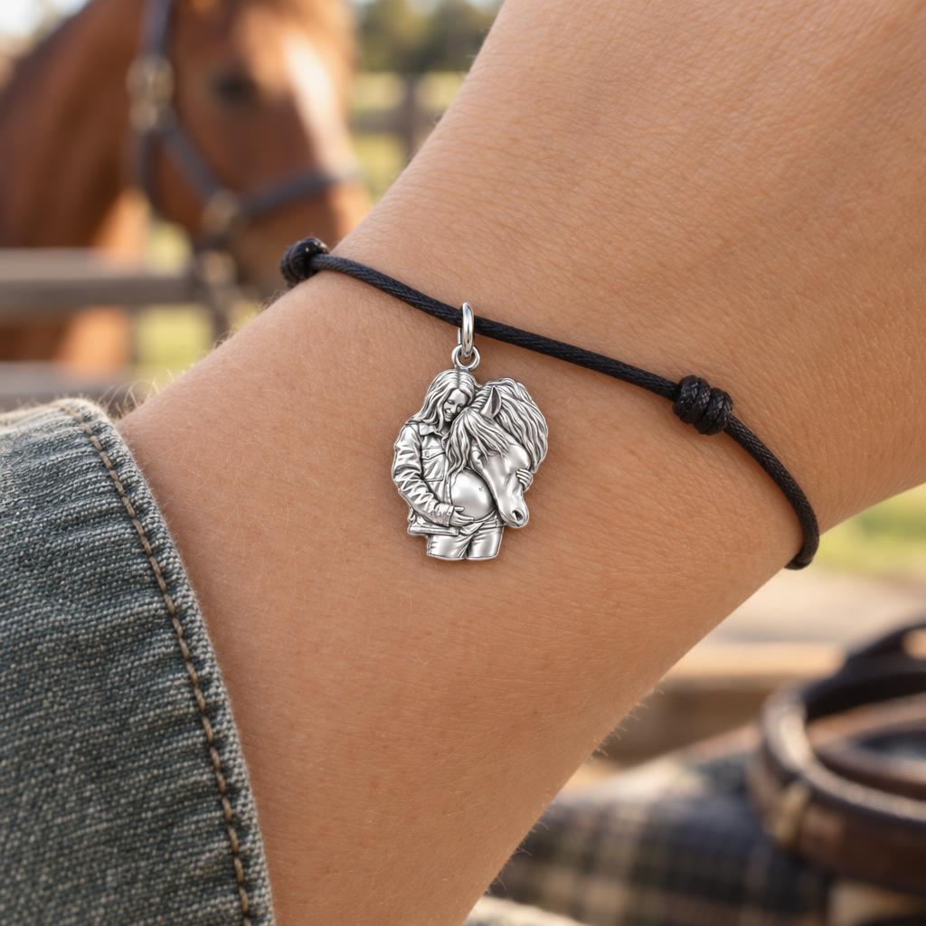 Soul Connection Charm Bracelet – Personalized Horse Lover Gift – worn on the wrist on a black cord bracelet