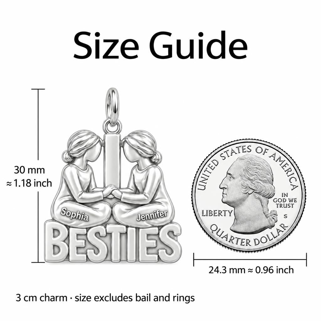 Soul Sister Besties Charm Necklace Set – size guide, 13 mm charm next to a quarter