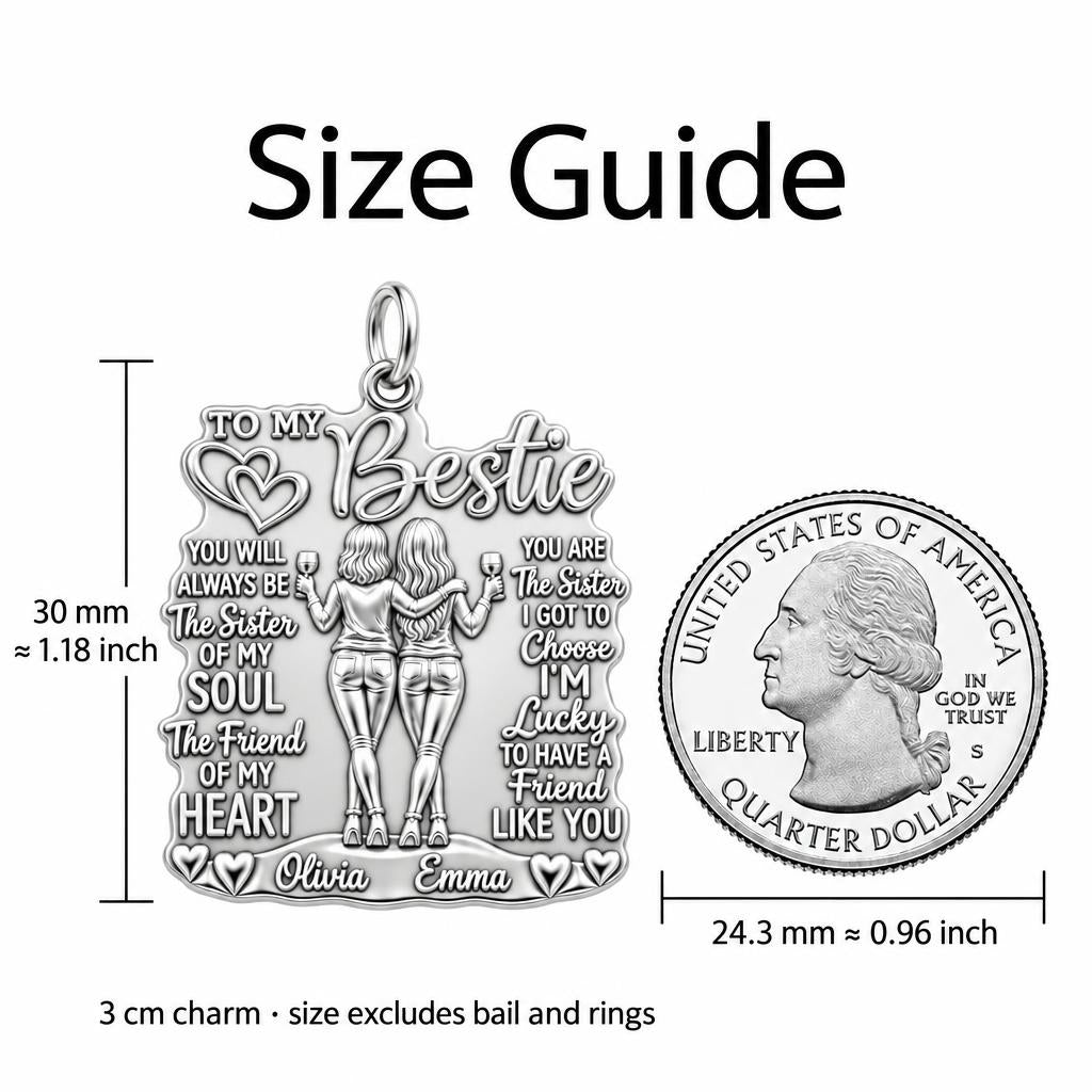 Soul Sister Wine Besties Charm Bracelet – Personalized Bestie Gift – size guide, 3 cm charm next to a quarter