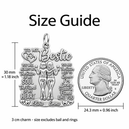 Soul Sister Wine Besties Charm Bracelet – Personalized Bestie Gift – size guide, 3 cm charm next to a quarter