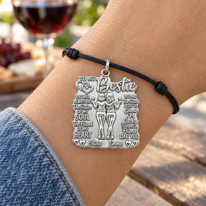 Soul Sister Wine Besties Charm Bracelet – Personalized Bestie Gift – worn on the wrist on a black cord bracelet