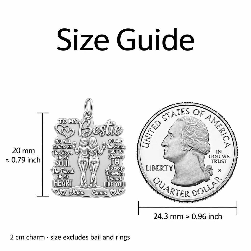 Soul Sister Wine Besties Charm Bracelet Set – size guide, 13 mm charm next to a quarter