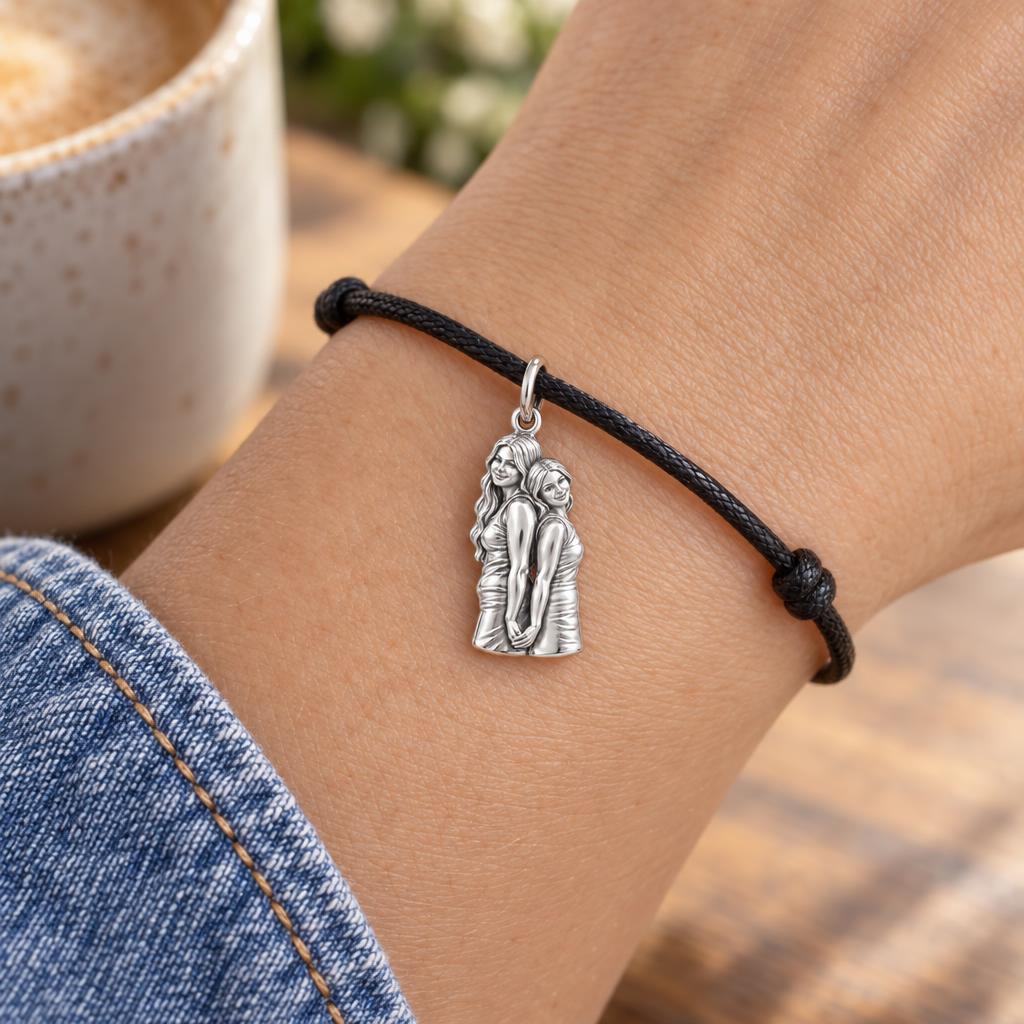 Soul Sisters Charm Bracelet – Personalized Bestie Gift – worn on the wrist on a black cord bracelet
