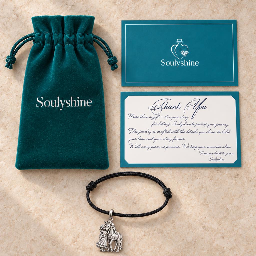 Soul Sisters Equine Bond Charm Bracelet – Personalized Horse Gift – Soulyshine velvet pouch and gift card
