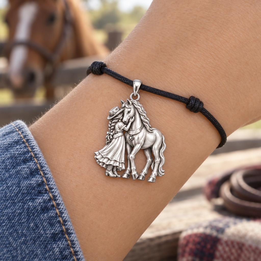 Soul Sisters Equine Bond Charm Bracelet – Personalized Horse Gift – worn on the wrist on a black cord bracelet