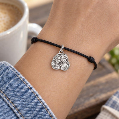 Soul Sisters Portrait Charm Bracelet – Personalized Bestie Gift – worn on the wrist on a black cord bracelet