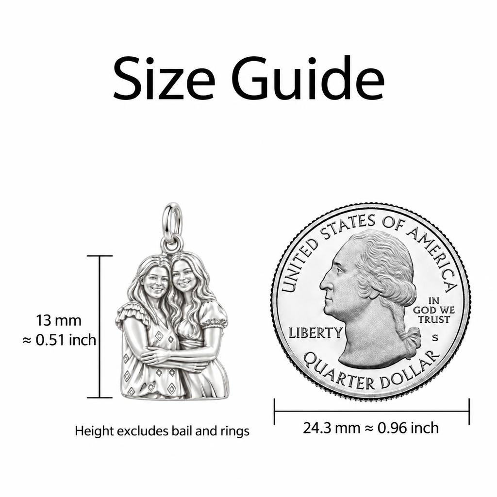Soul Sisters Portrait Charm Bracelet Set – size guide, 13 mm charm next to a quarter