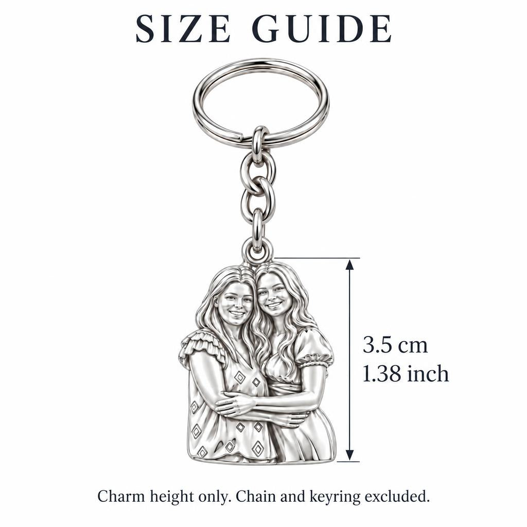 Soul Sisters Portrait Charm Keychain – size guide, 3.5 cm (1.38 in) charm, chain and keyring excluded