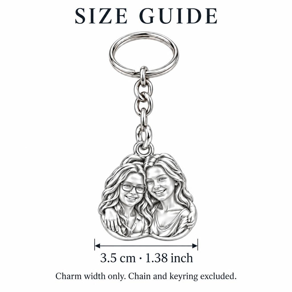 Soul Sisters Portrait Charm Keychain – size guide, 3.5 cm (1.38 in) charm, chain and keyring excluded