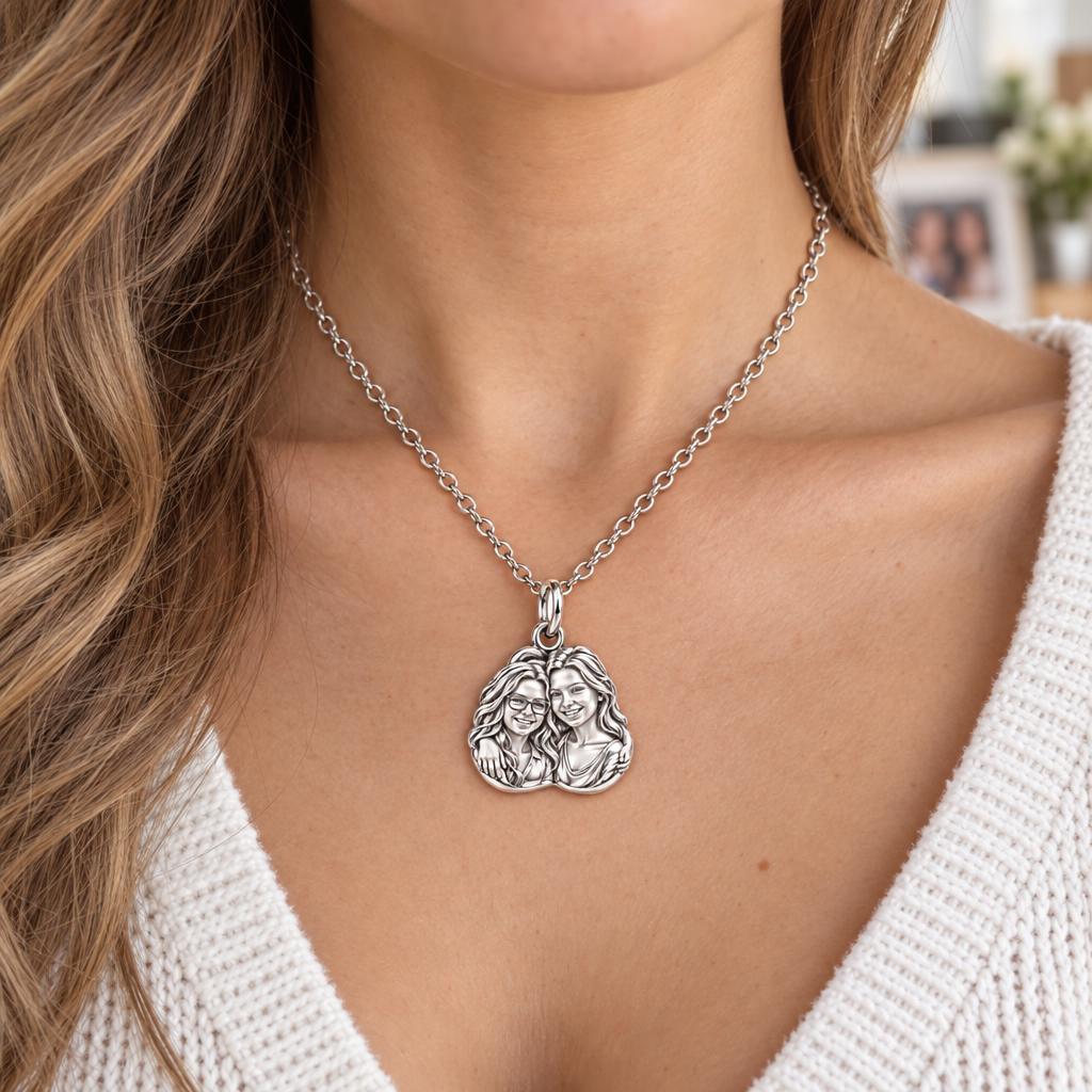 Soul Sisters Portrait Charm Necklace Set – worn / in use