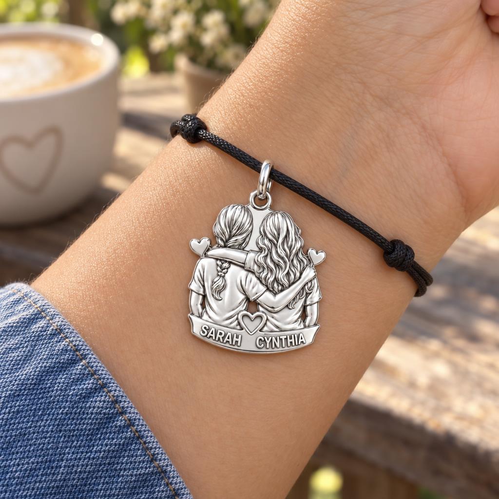 Soul Sisters Side-by-Side Charm Bracelet – Personalized Friend Gift – worn on the wrist on a black cord bracelet