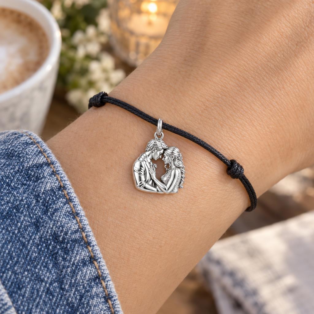 Soulmate Forehead Kiss Charm Bracelet – Personalized Couple Gift – worn on the wrist on a black cord bracelet