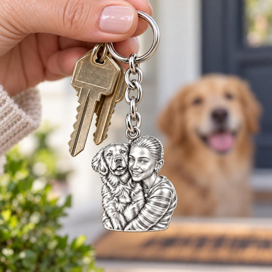 Soulmate Hug Custom Photo Charm Keychain – worn / in use