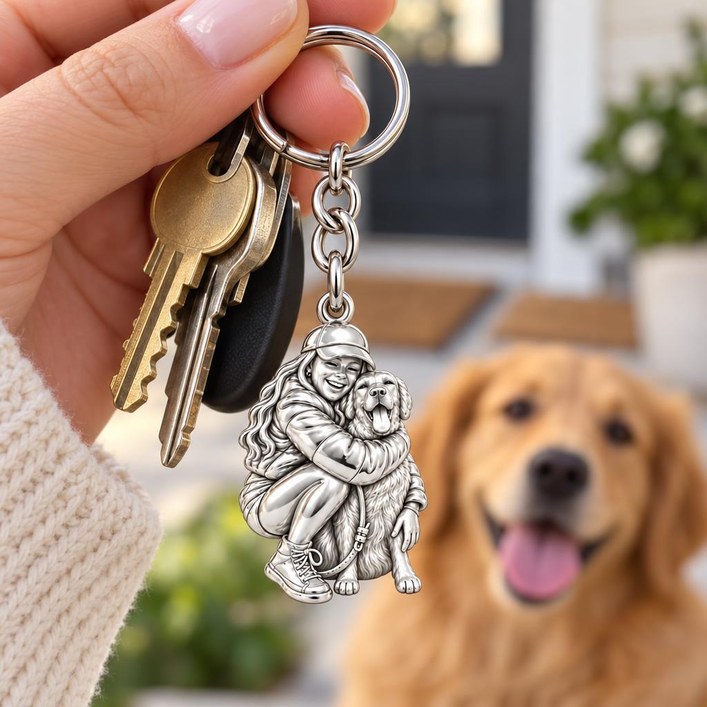 Soulmate Hug Custom Photo Charm Keychain – worn / in use