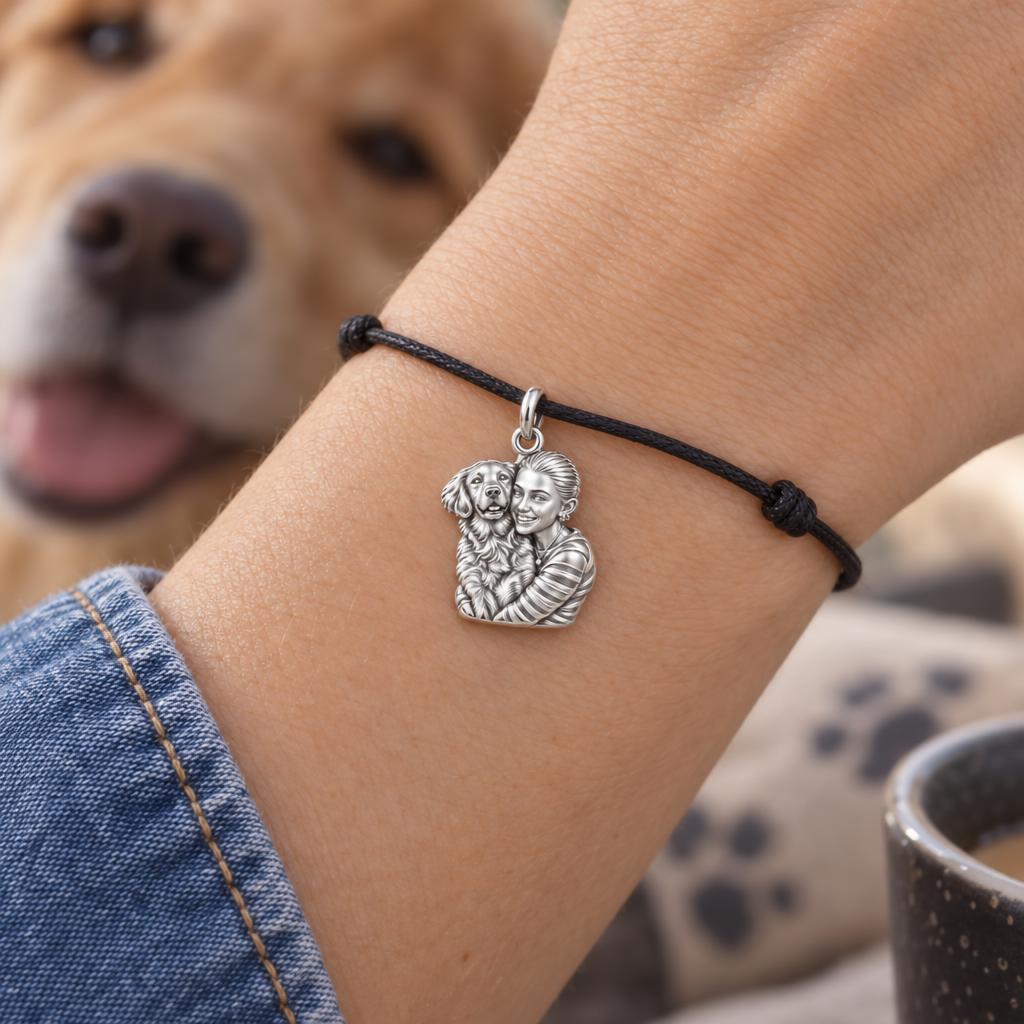Soulmate Hug Custom Photo Charm – Personalized Dog Mom Gift – worn on the wrist on a black cord bracelet