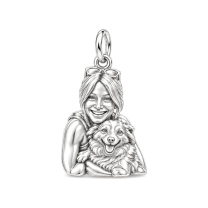 Soulmate Hug Portrait Charm Bracelet – Personalized Dog Mom Gift – silver charm, front view