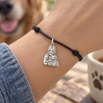 Soulmate Hug Portrait Charm Bracelet – Personalized Dog Mom Gift – worn on the wrist on a black cord bracelet