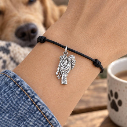 Soulmate Hug Portrait Charm Bracelet – Personalized Dog Mom Gift – worn on the wrist on a black cord bracelet