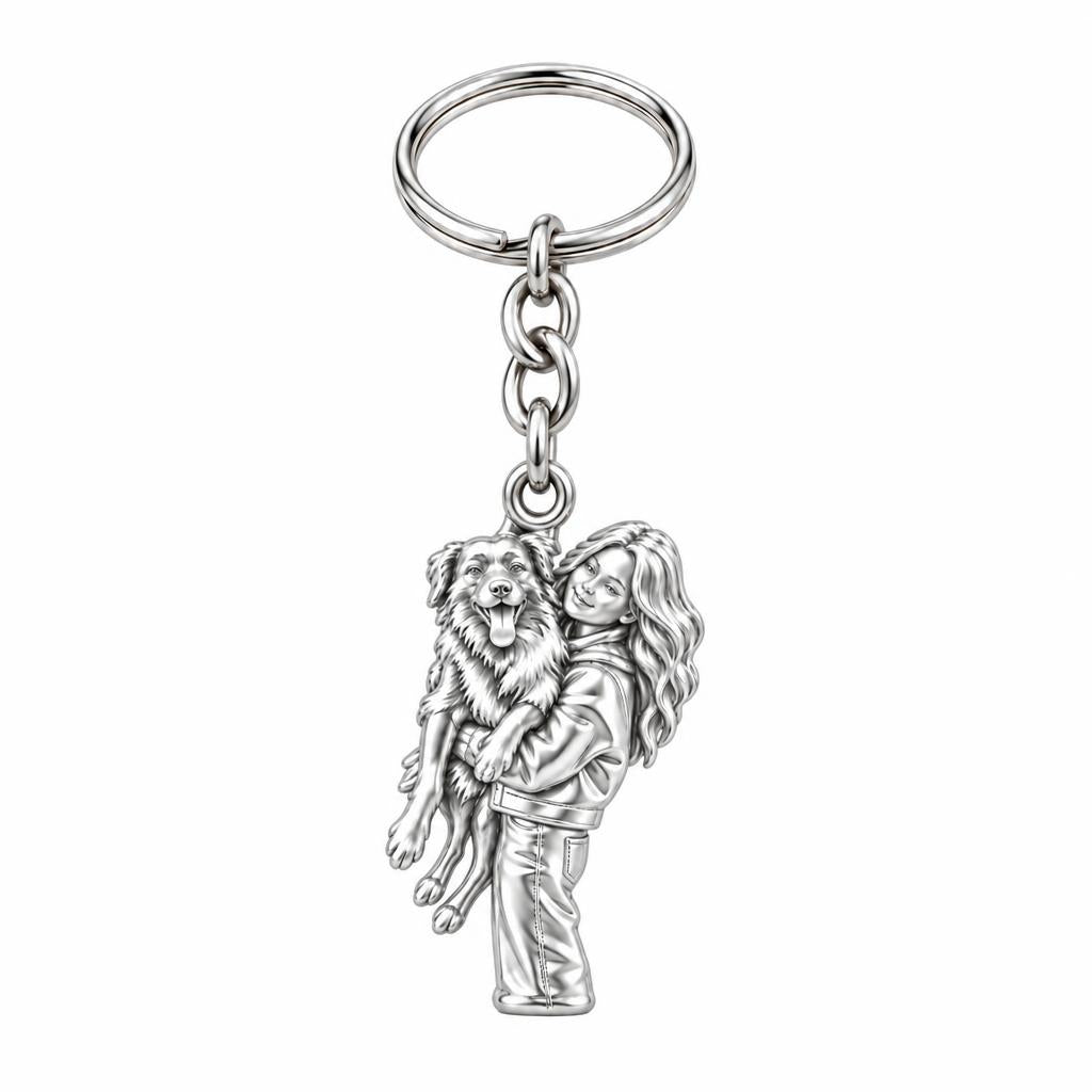Soulmate Hug Portrait Charm Keychain – silver, front view