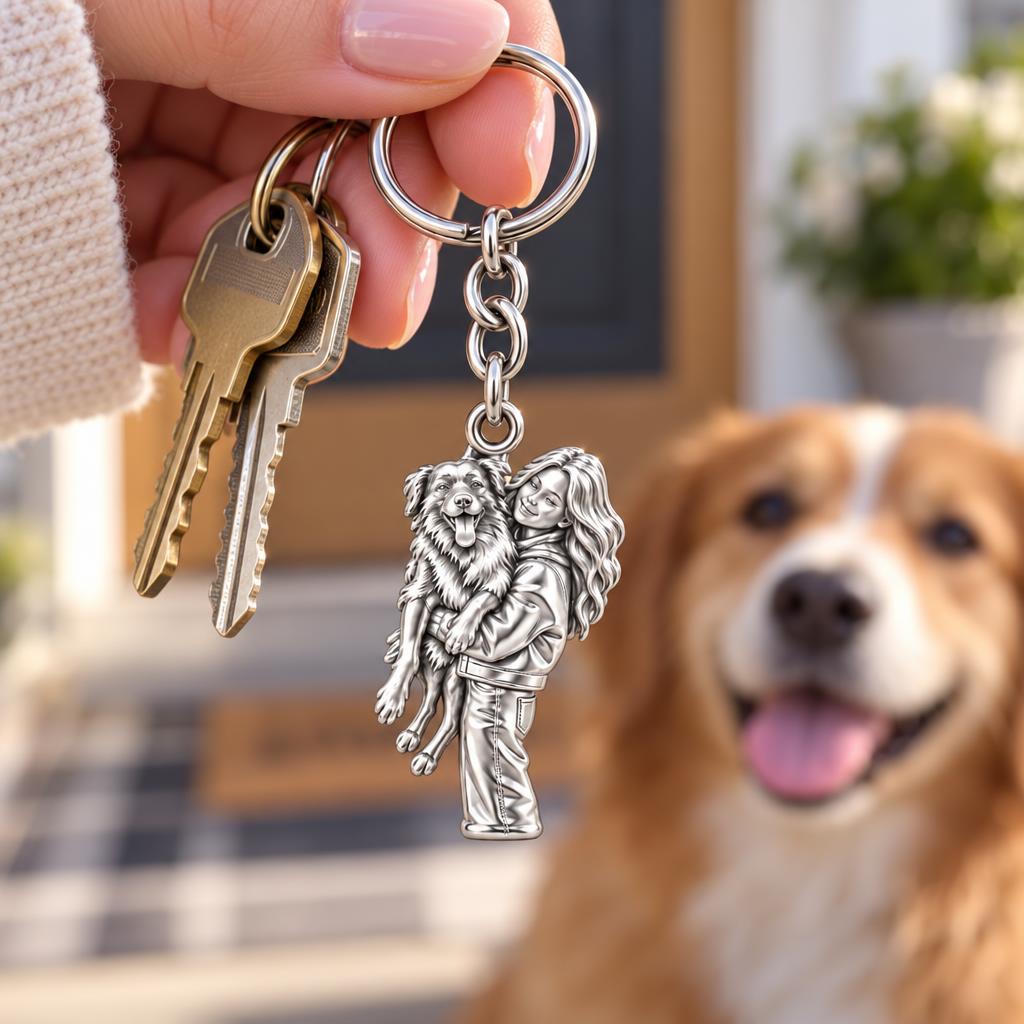 Soulmate Hug Portrait Charm Keychain – worn / in use