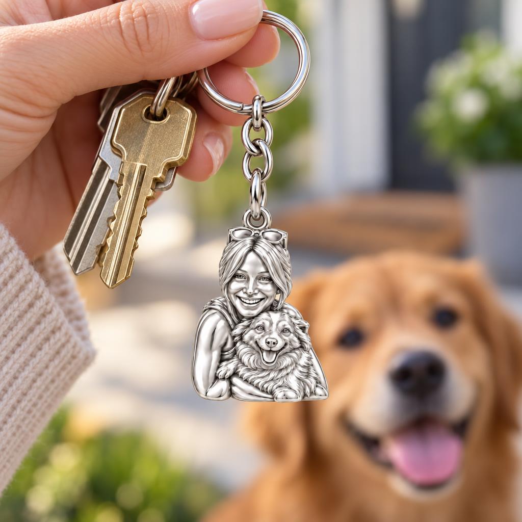 Soulmate Hug Portrait Charm Keychain – worn / in use
