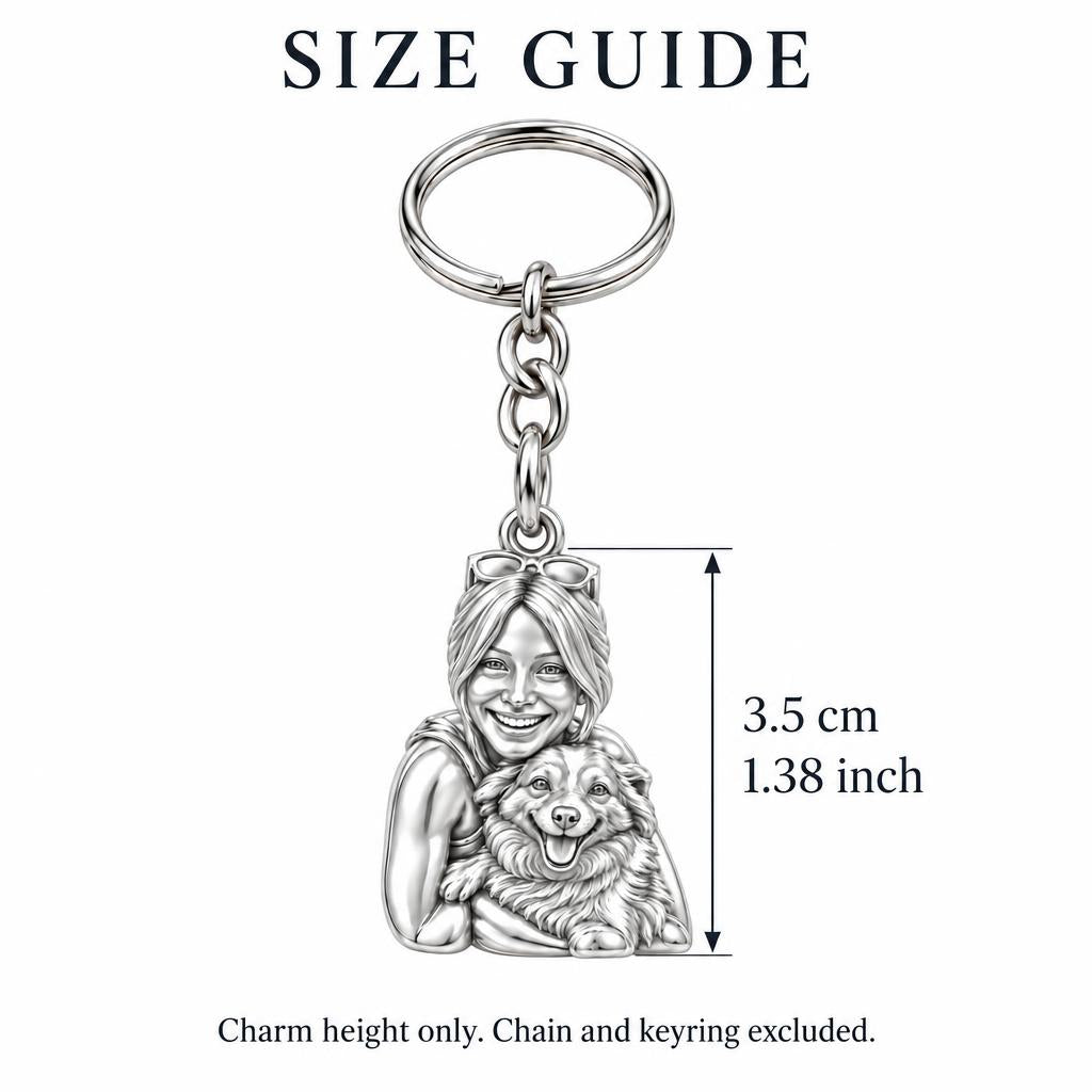 Soulmate Hug Portrait Charm Keychain – size guide, 3.5 cm (1.38 in) charm, chain and keyring excluded