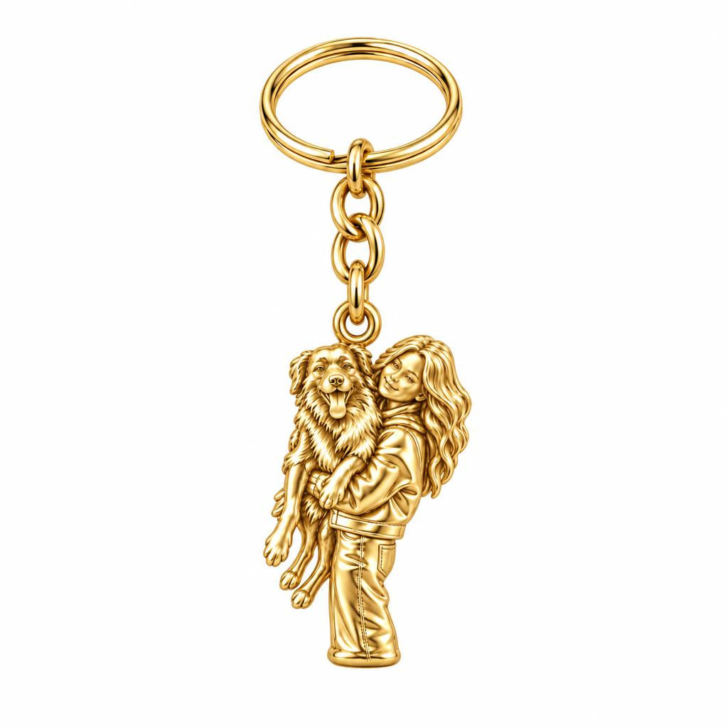 Soulmate Hug Portrait Charm Keychain – 18K gold, front view