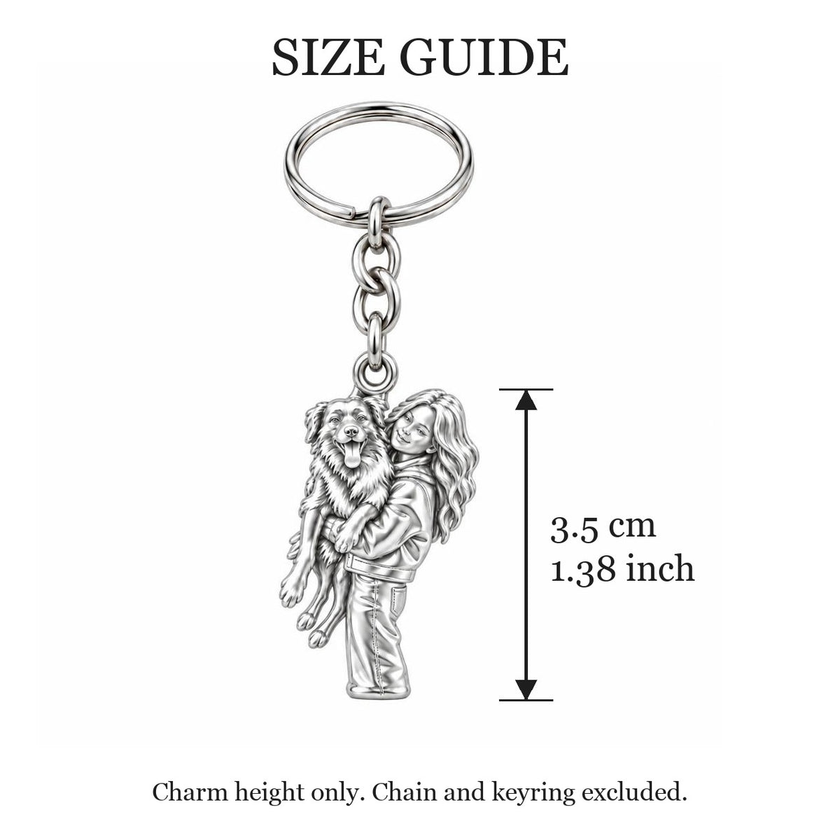 Soulmate Hug Portrait Charm Keychain – size guide, 3.5 cm (1.38 in) charm, chain and keyring excluded