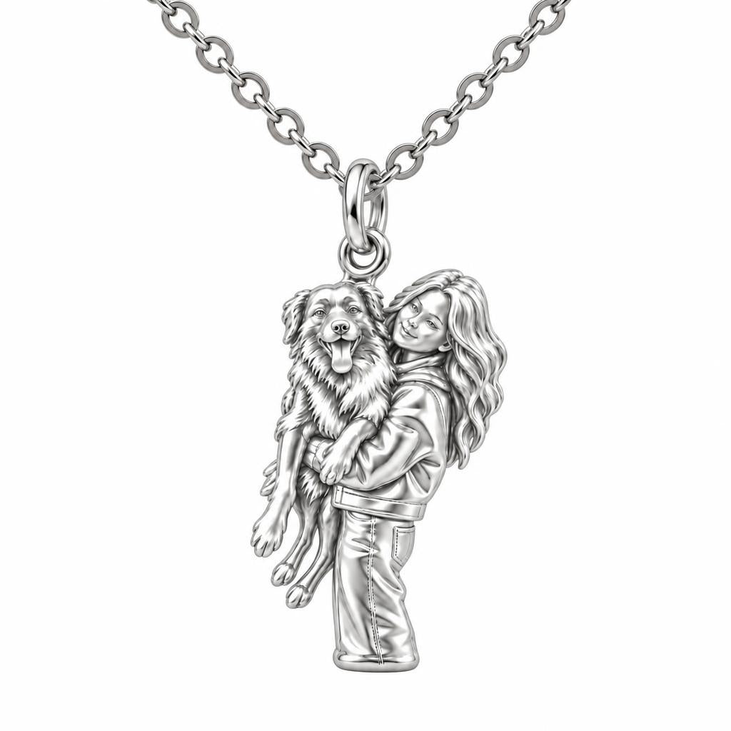 Soulmate Hug Portrait Charm Necklace Set – silver, front view