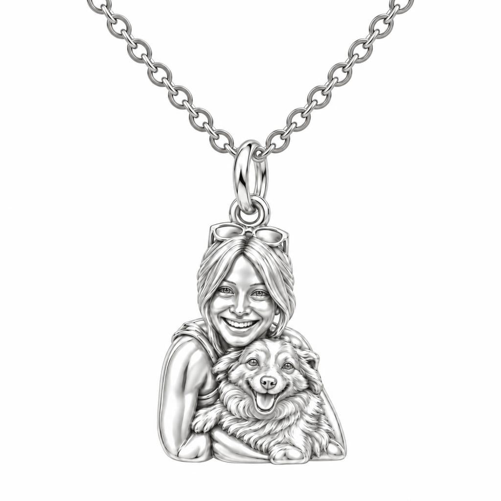 Soulmate Hug Portrait Charm Necklace Set – silver, front view