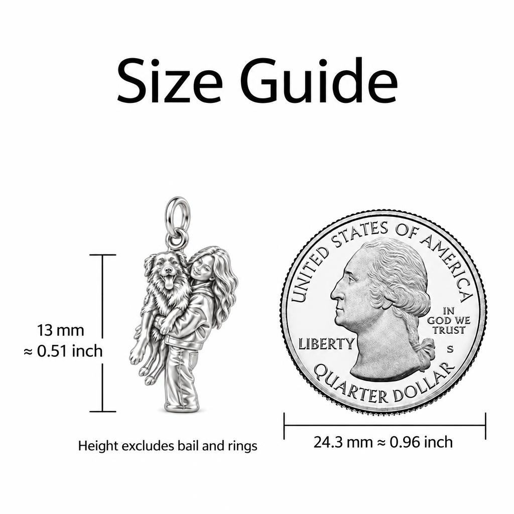 Soulmate Hug Portrait Charm Necklace Set – size guide, 13 mm charm next to a quarter
