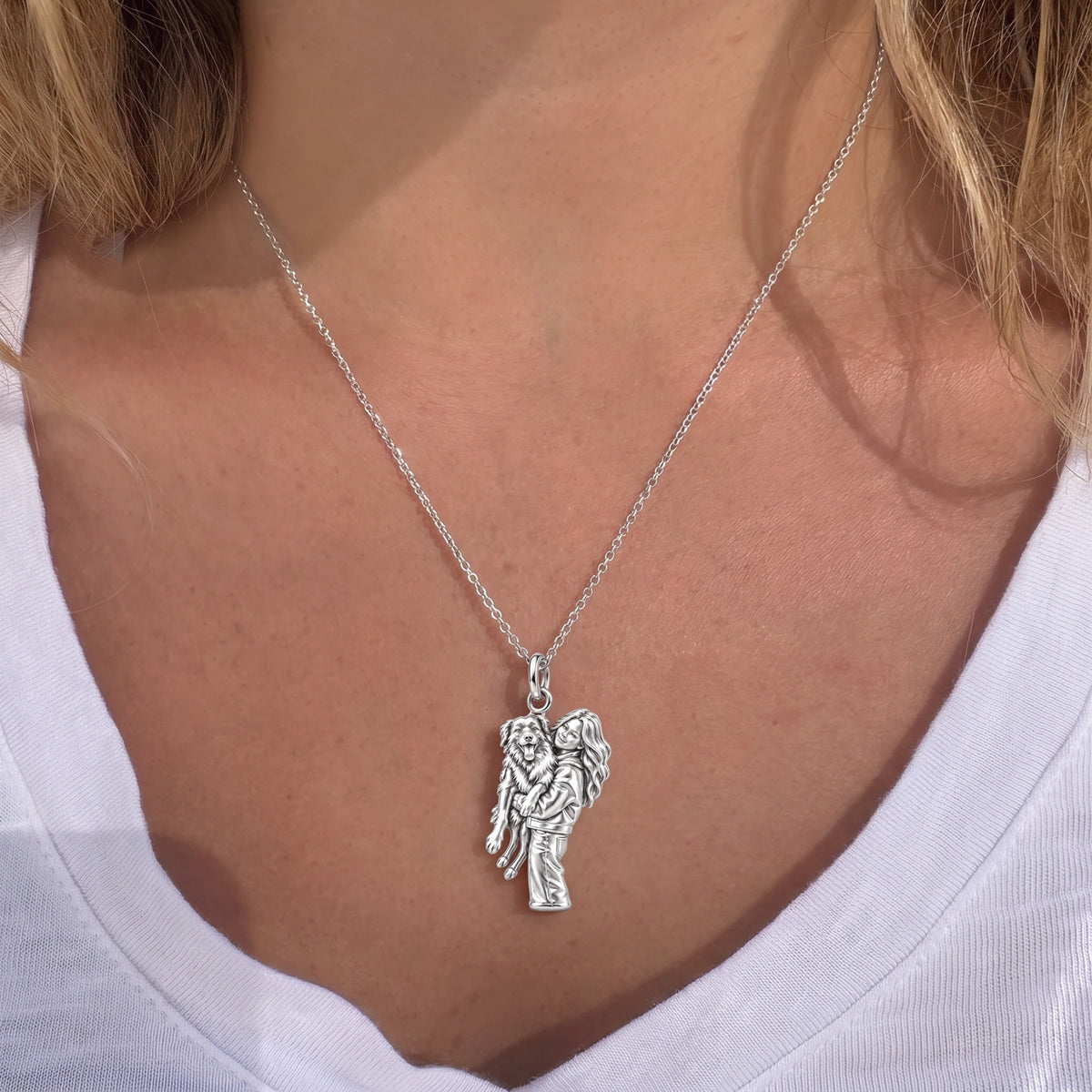 Soulmate Hug Portrait Charm Necklace Set – worn / in use