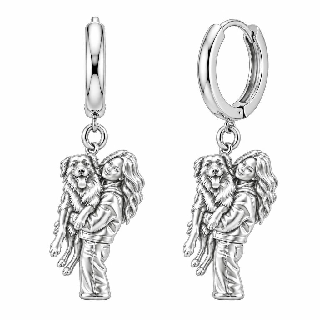 Soulmate Hug Portrait Huggie Charm Earrings – silver, front view