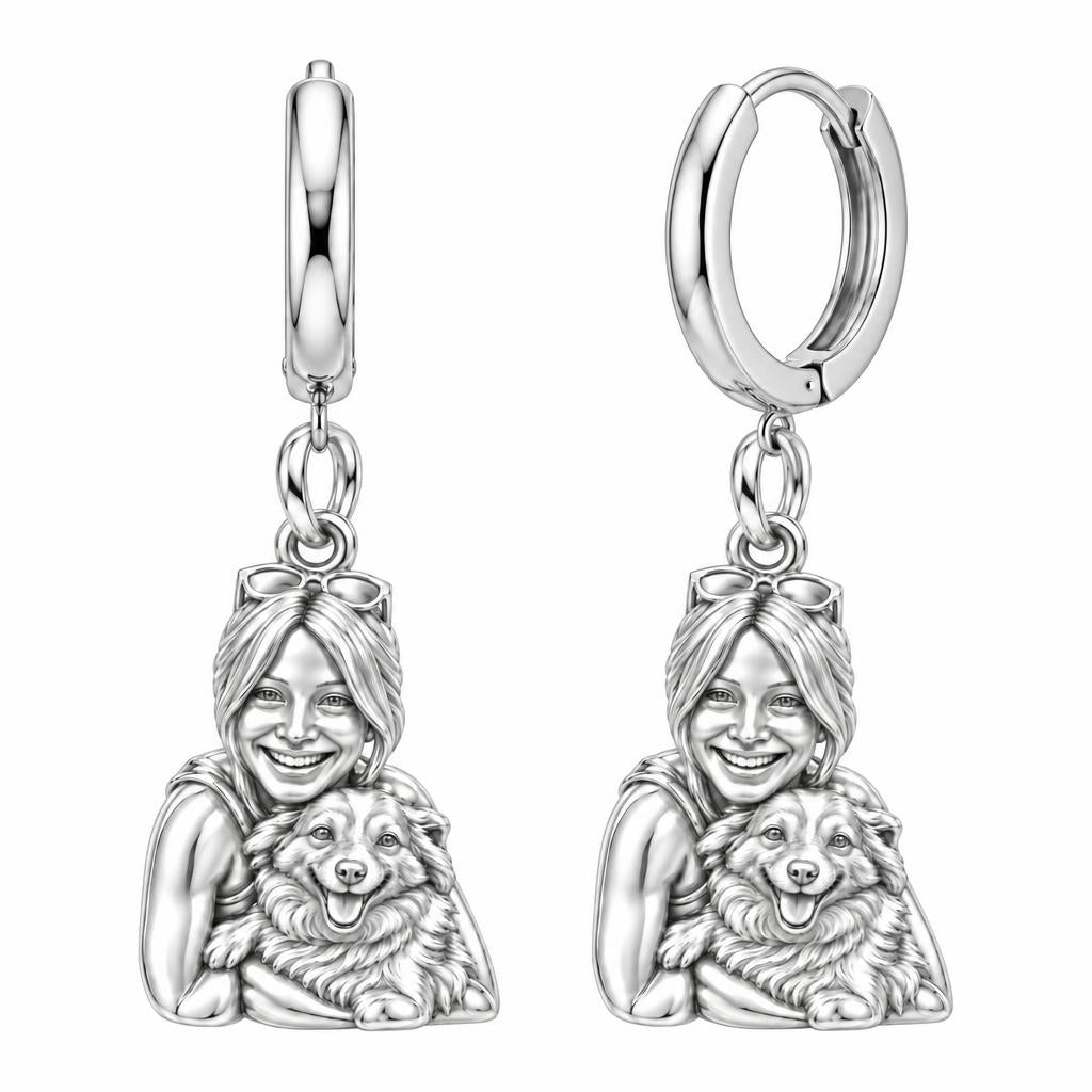 Soulmate Hug Portrait Huggie Charm Earrings – silver, front view