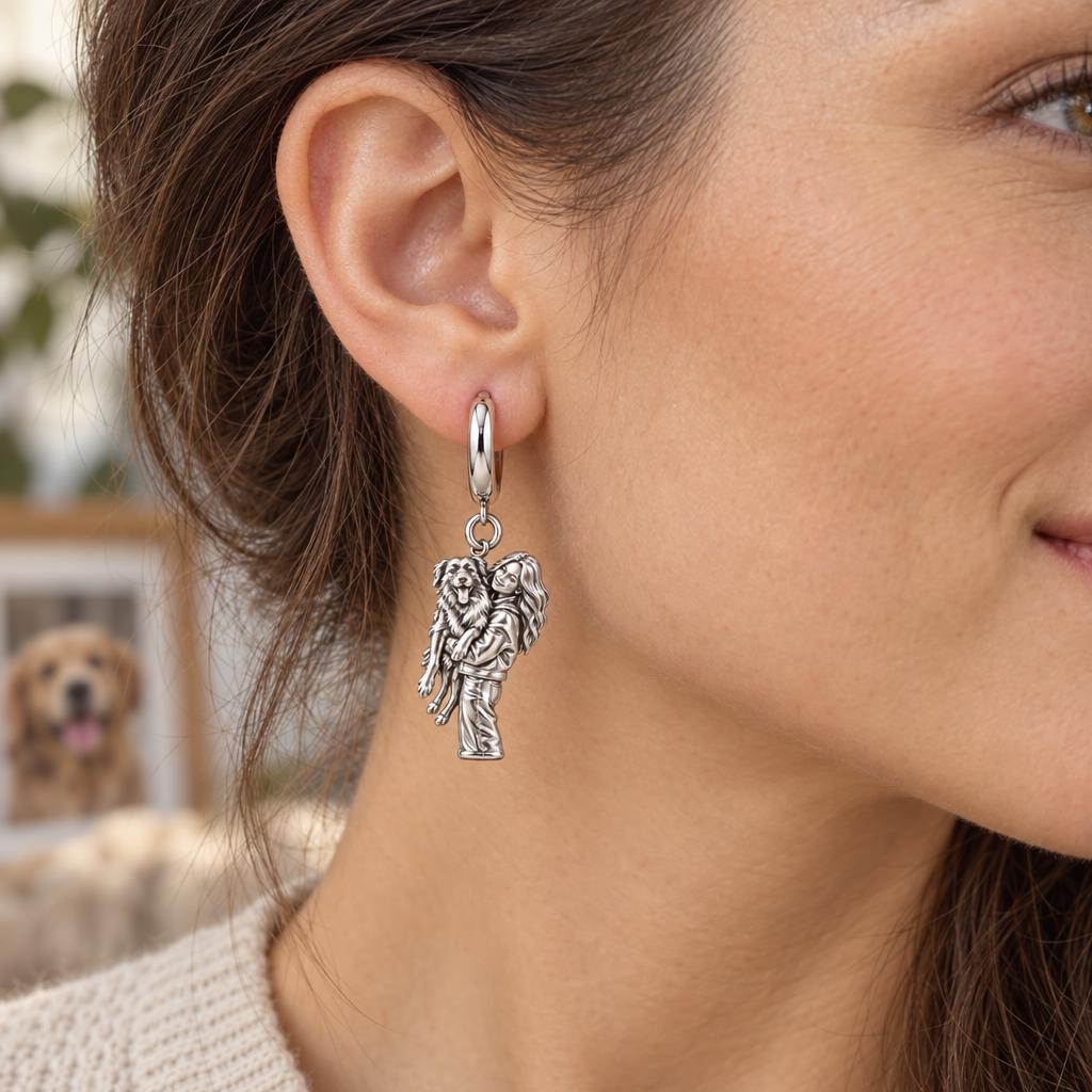 Soulmate Hug Portrait Huggie Charm Earrings – worn / in use