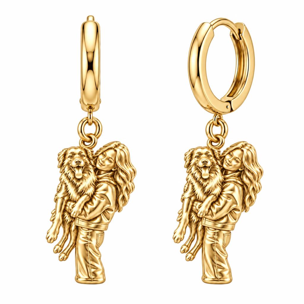 Soulmate Hug Portrait Huggie Charm Earrings – 18K gold, front view