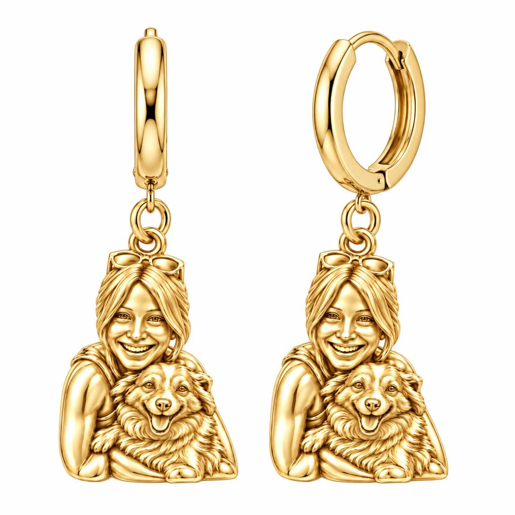 Soulmate Hug Portrait Huggie Charm Earrings – 18K gold, front view